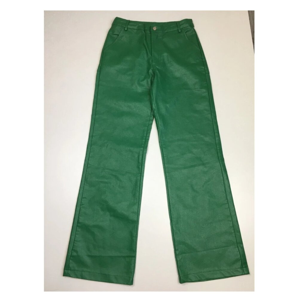 PRINCESS POLLY Green Faux Leather Light Flare Leg Pant